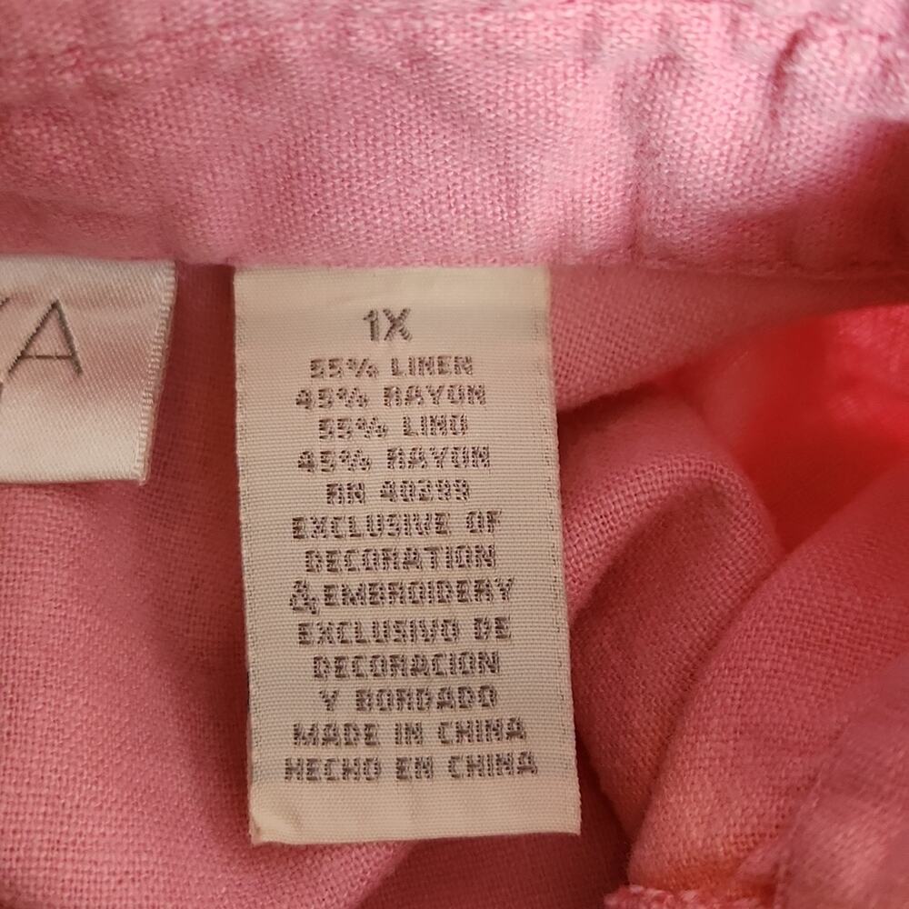 Erika Woman Pink Short Sleeve‎ Button Front Top Size 1X Gold Embroidery Beaded - Picture 11 of 13